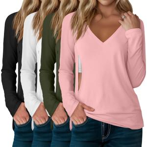 4 Pack Women's Long Sleeve Nursing Shirts with Hidden Zipper V Neck Breastfeeding Clothes Maternity Loose Fit Tops (Large, Black, White, Army Green, Pink)