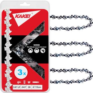KAKEI 6 Inch Chainsaw Chain 3/8" LP Pitch .043" Gauge 28 Drive Links Fits Kobalt KPS1024A-03, Remington RM0612P, Craftsman CMCCSL621D1 (3 Chains) - Semi Chisel