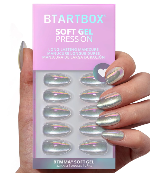 BTArtbox Press On Nails Short - Pink Ombre Almond Press On Nails with Glue for Women, Opaque Soft Gel Glue On Nails in 16 Sizes - 32 Stick On Nails Kit, Chaos Chrome