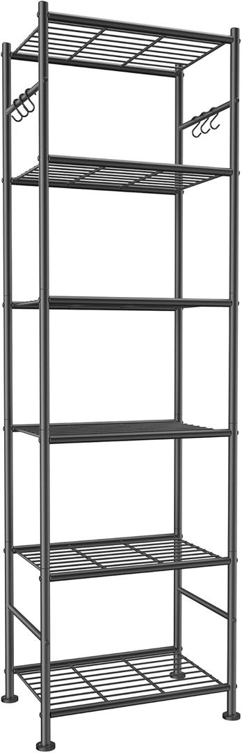 Sakugi Storage Shelves - 6-Tier Large Capacity Shelf Organizer with Hooks, Heavy-Duty Garage Shelving with Leveling Feet, Wobble-Free Rack for Bedroom, Balcony, Garage, 18.1"12.4"70.1", Black