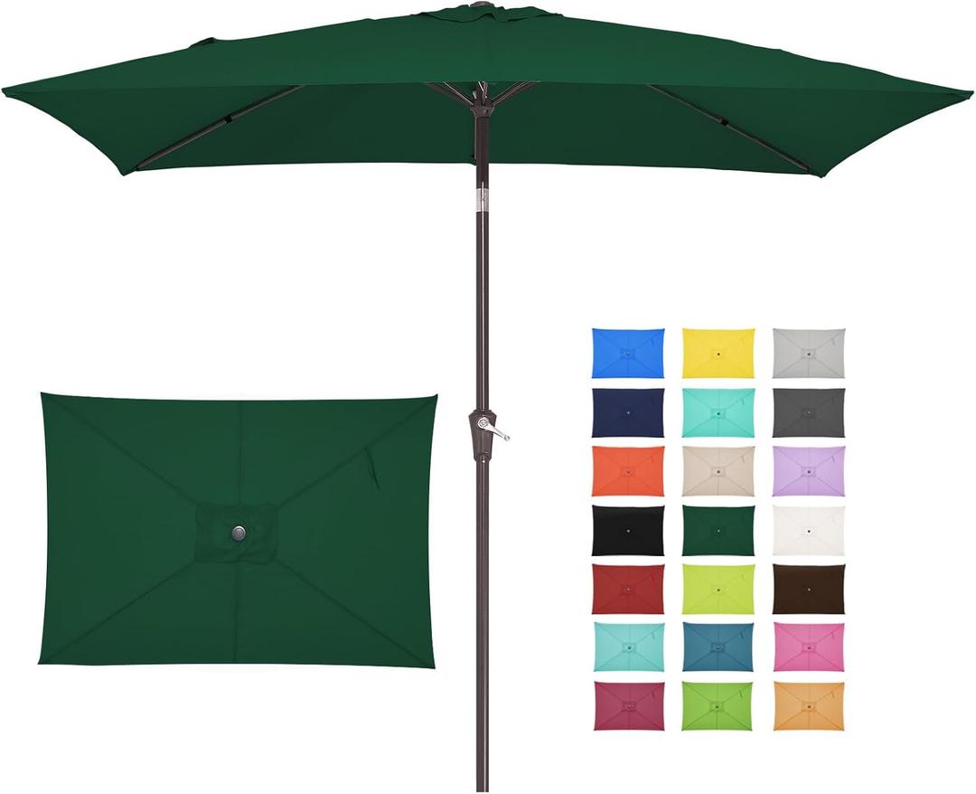 JEAREY 6.5x10 ft Rectangular Patio Umbrellas Outdoor Market Umbrella with Push Button Tilt and Crank, Rectangle Table Umbrella 6 Sturdy Ribs UV Protection for Pool Garden Backyard Deck, Deep Green