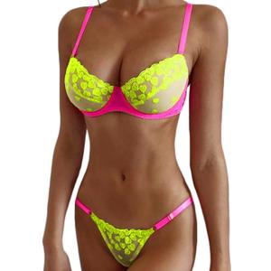Kaei&Shi Glow In The Dark, Black Light, Heart Embroidered, Underwire Lingerie (12, Neon Green)