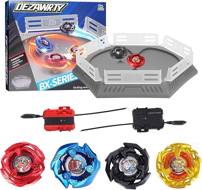 DEZAWRTY Gyro X Stadium Battling Set, 4 Spinning Tops, 2 Launchers and Arena with X Acceleration Rail, Boys Toys Kids Birthday Gift Ideals, 6+ Years Old (Grey)