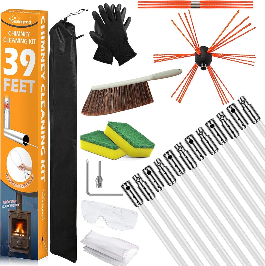 Sealegend 39 Feet Chimney Sweep Kit Chimney Brush, Chimney Cleaning Kit and Rotary Chimney Cleaning System, Fireplace Brush Tool with 12 Nylon Flexible Rods