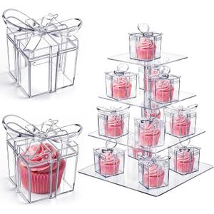 Novabright 24 Pcs Mini Clear Gifts Boxes with Bow 2.3x2.3x2.3 Inches Plastic Individual Wedding Cupcake Boxes for Baby Shower Birthday Candy Snack Treats Party Favors Decorations