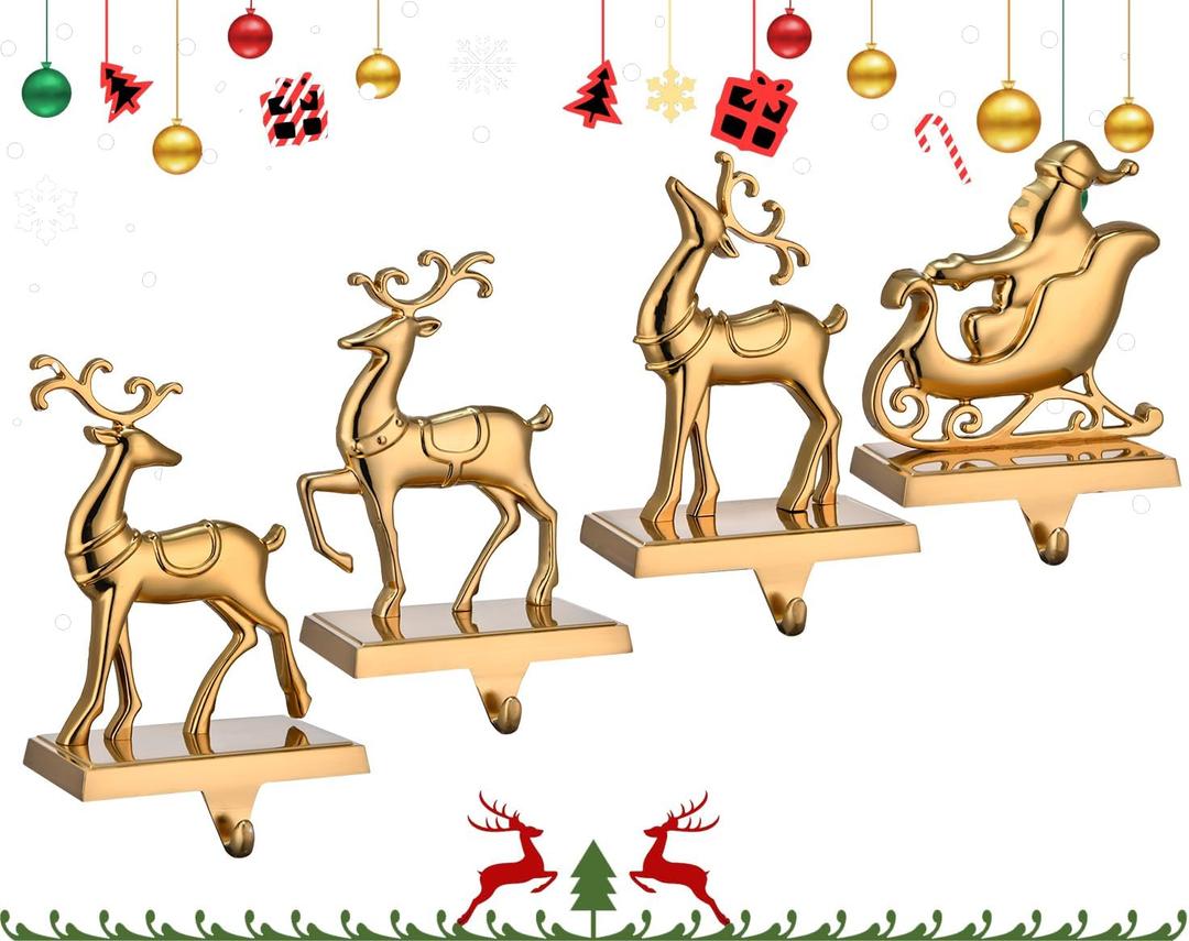 Antique Gold Reindeer & Sleigh Stocking Holder Set for Mantle Set of 4,Deer Stocking Hangers for Firepiece,Christmas Decorations Mantel Hanger for Stocking/Garland (Retro Gold)