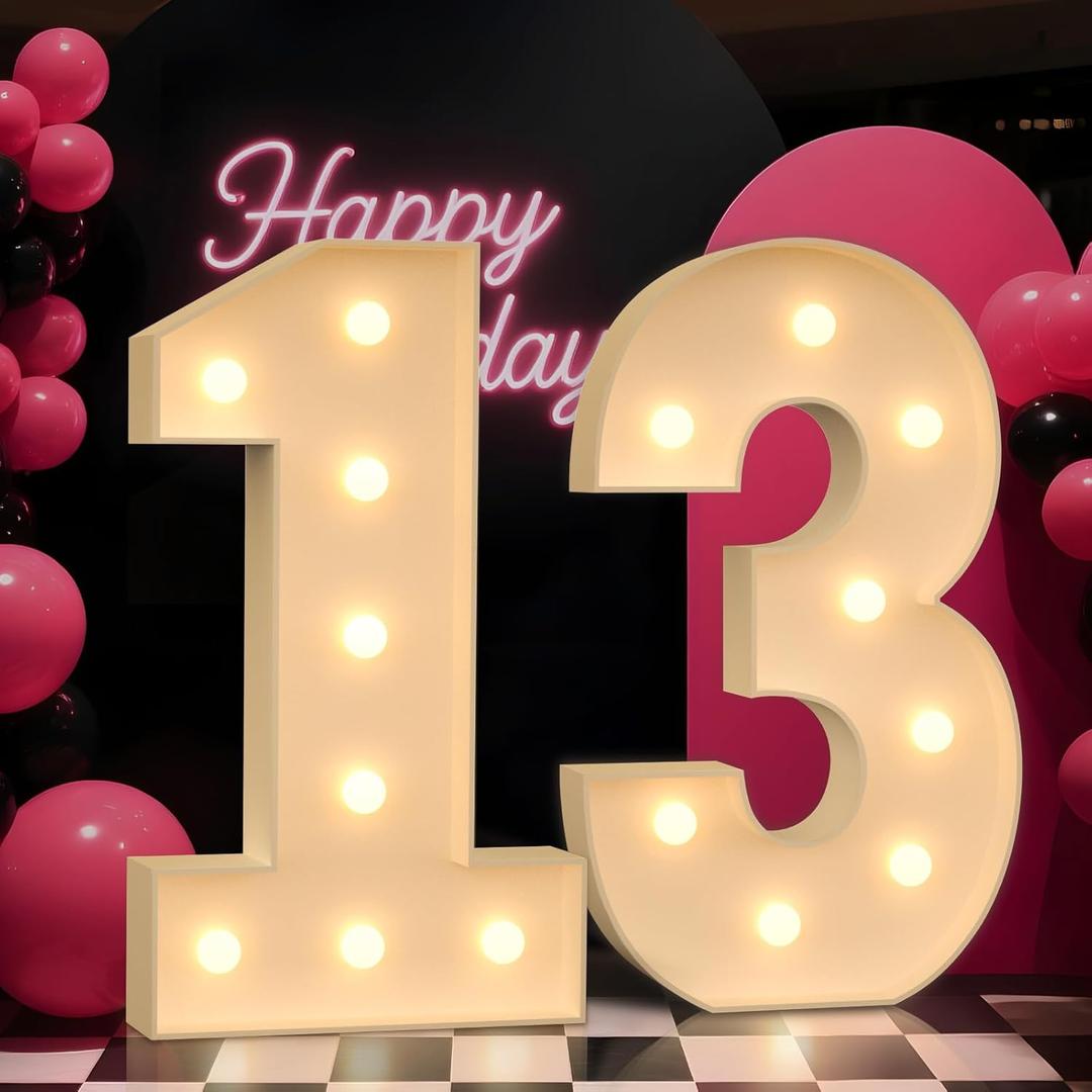 Light up Numbers 13, 3FT Giant Marquee Numbers for 13 Birthday Decoration, Large Light Up 13 for Anniversary Party Decor Birthday Sign, Pre-Cut Foamboad Mosaic DIY