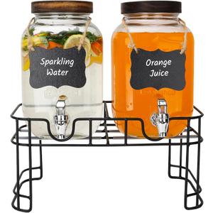 1 Gallon Glass Drink Dispensers with Wood Lid, 2 Pack Clear Beverage Dispenser with Stand and Spigot for Parties, Lemonade Dispenser with Markers and Chalkboard for BBQ, Picnic