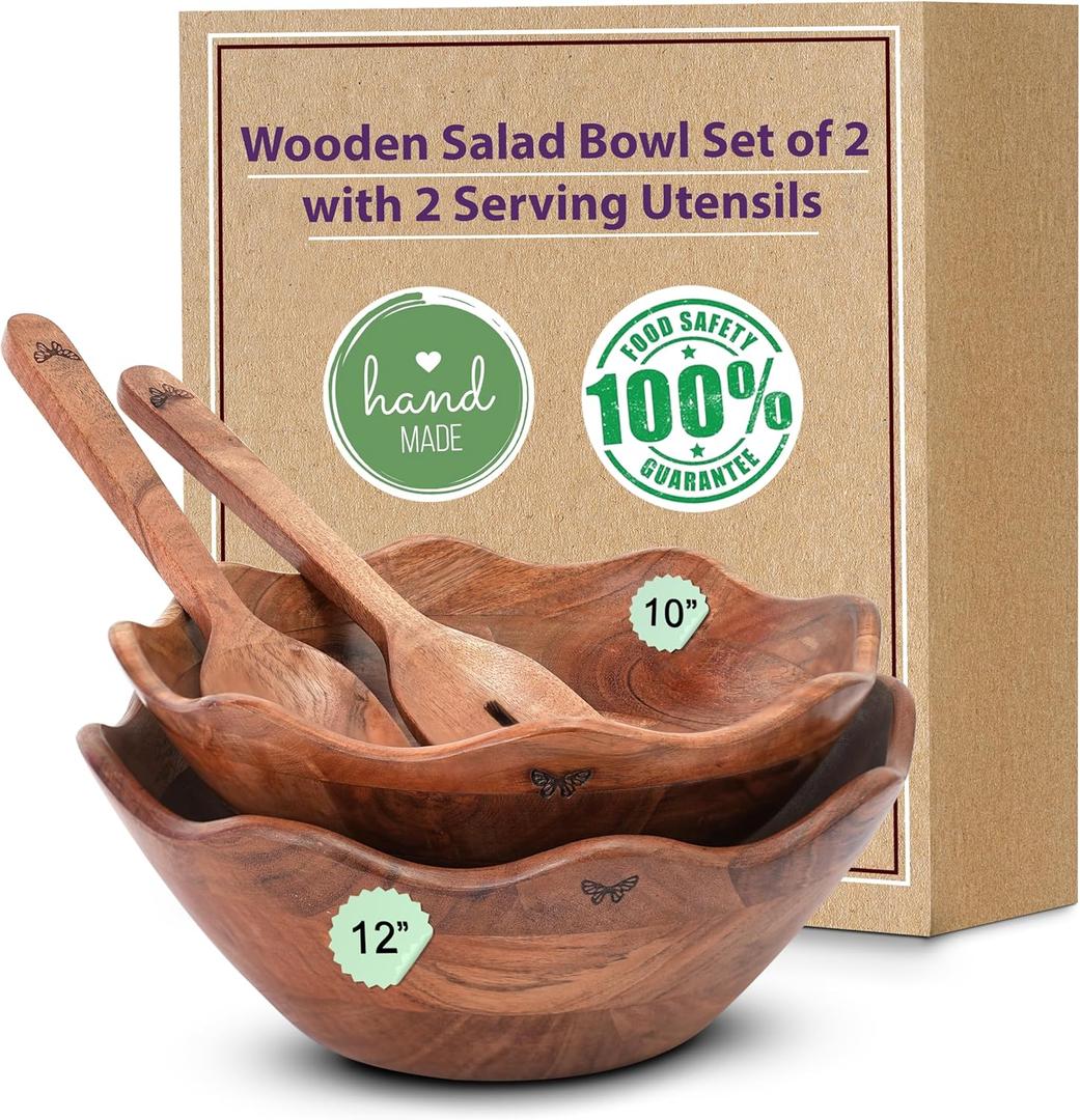 Melvvi Large Wooden Salad Bowl Set of 2 with 2 Serving Utensils | 10" &12 inch Extra Large Acacia Wood Serving Bowls | Great gift for mothers (Natural Set of 4)