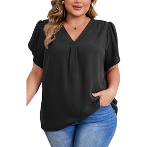 Women's Plus Size Casual Blouses Solid Business Work Tops Petal Short Sleeve V Neck Loose Fit T Shirt Summer Trendy 2025 3XL