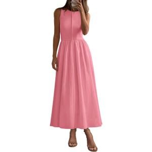 PRETTYGARDEN Pleated Maxi Dresses for Women with Pockets | Sleeveless A-Line Knit,Summer Patchwork Mixed Media Dress,Flowy Long Work Dress for Cocktial,Business Casual,Teacher Outfits (Pink, XXL)