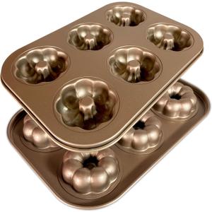 Mini Bundt Cake Pans for Baking, Cake Pan Nonstick, Mini Bundt Cake Molds For Small Individual Cakes, 6 Cavity Cupcake Gold 2 Pack