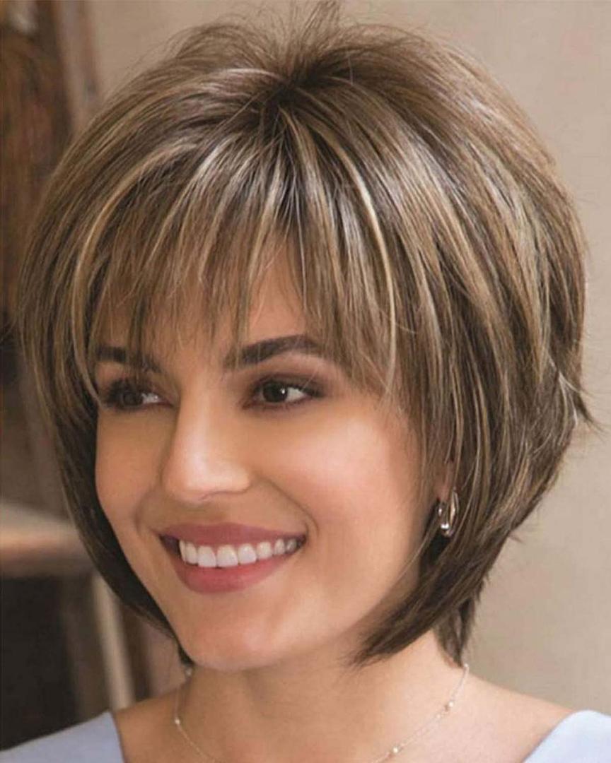 Pixie Cut Layered Short Brown Wigs with Bangs Straight Synthetic Hair Wigs for White Women (Blonde Mixed Brown)