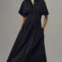 Yeokou Shirt Dress for Women Summer Casual Short Sleeve Button Down Loose Pleated Maxi Sundress with Pockets (Black, L)