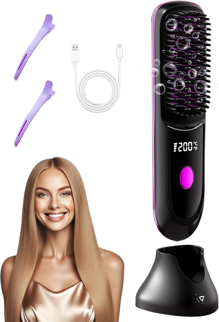 Go Brush Pro Hair Straightener  Cordless Comb with Base Negative Ion, 6000mAh Fast Heating & Portable Travel Design, Rechargeable Brush for Straightening and Curling (Black-1Pcs)