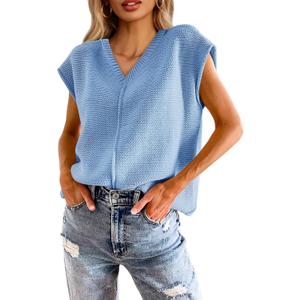 Saodimallsu Women's V Neck Cap Sleeve Lightweight Knit Sweater Top (Blue, Size M