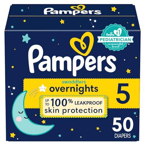 Pampers Overnight Diapers - Swaddlers Overnights - Size 5, 50 Count, Disposable Baby Diaper, Night Time Leak and Skin Protection