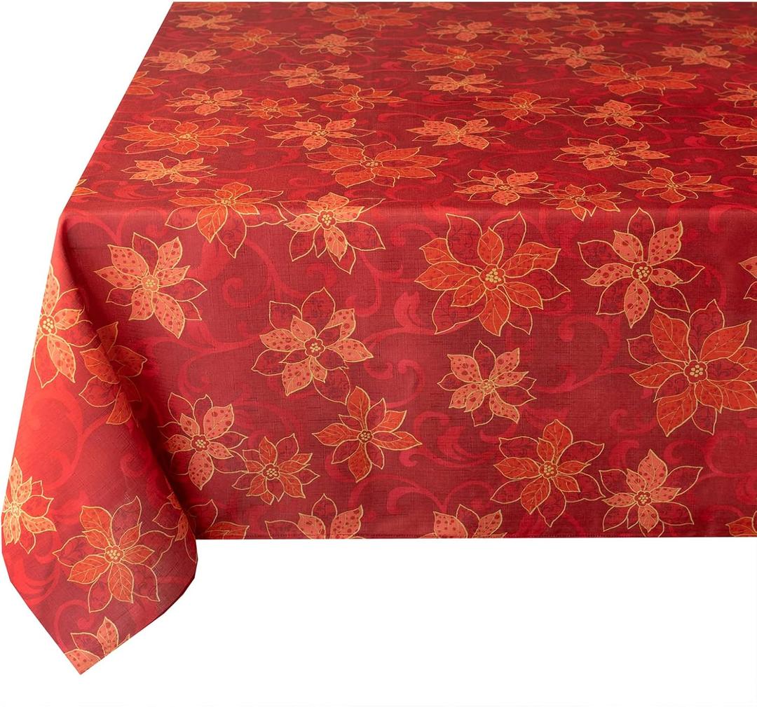 Benson Mills Poinsettia Scroll Printed Rectangle Fabric Table Cloth, Winter, Holiday and Christmas Tablecloth (52" X 70" Rectangular, Red)