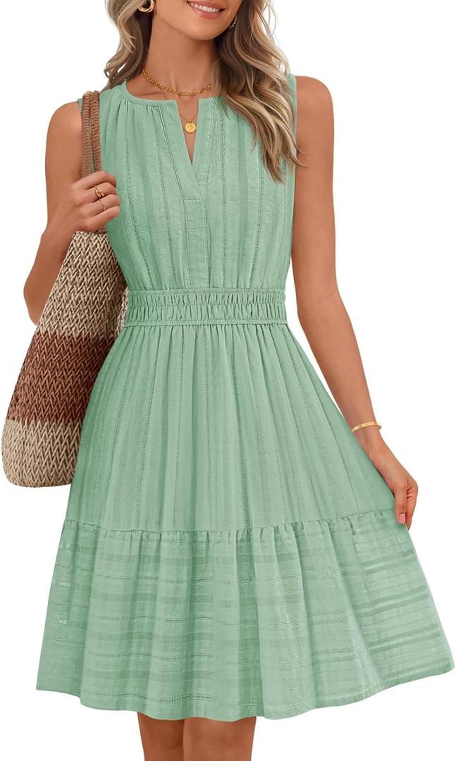 MEROKEETY Women's 2026 Summer Casual Mini Sundress Beach Vacation Sleeveless V Neck Flowy A Line Dress with Pockets, Mint, XL