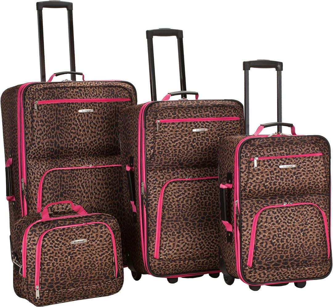 Rockland Fashion Softside 4 Piece Luggage Set, Expandable, (14" Tote/19"/24"/28"), Pink Leopard