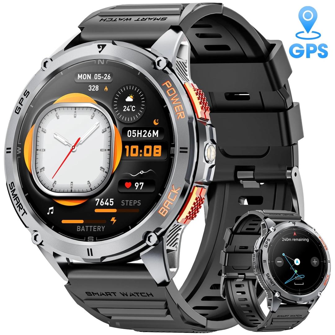 Military Smart Watches for Men with Flashlight, 170+ Sport Modes 1.43" AMOLED Screen, 530mAh Answer/Make Calls, Bluetooth for Android Phones and iPhone Compatible Heart Rate/SpO2/Sleep (Black)