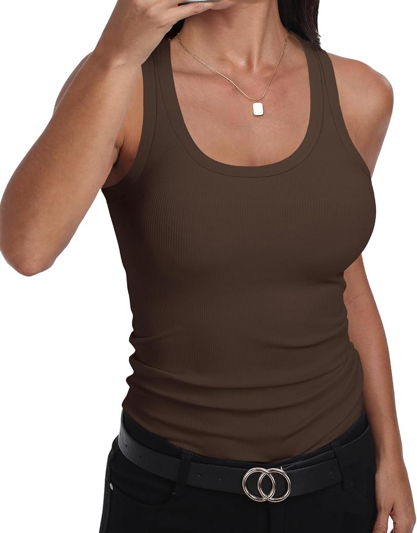 GEMBERA Womens Scoop Neck Sleeveless Racerback Ribbed Knit Slim Fitted Basic Tank Top Shirt (Large, Brown)