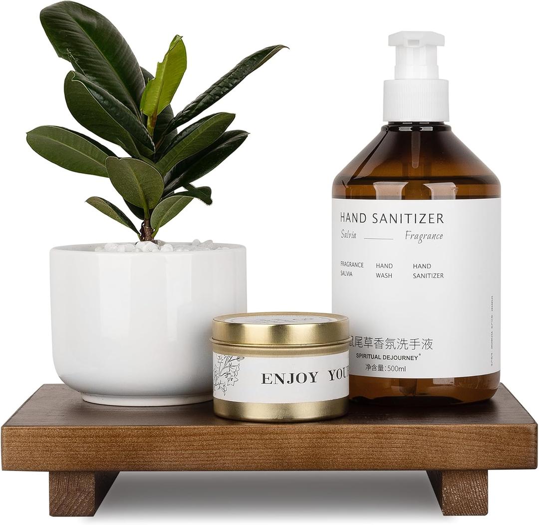 Bathroom Counter Organizer Wood Pedestal Stand Farmhouse Decorative Tray Soap Holder for Kitchen Decor, 9" x 6" - Walnut