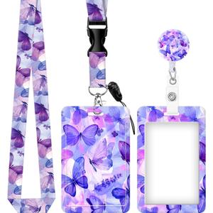 ID Badge Holder with Retractable and Detachable Lanyard, Cute Badge Reel Breakaway Lanyard with Carabiner Clip for Women, Teachers, Nurses, Students, Perfect Work and Office(Blue Purple Butterfly)