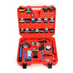 ZEAJSRU 28PCS Radiator Pressure Tester Kit, Universal Coolant Pressure Tester and Vacuum Refill Tool with Adapters for Automotive Cooling System Leak Detection(red)