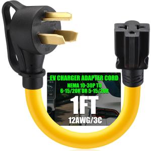 Tellegloww 30 Amp to 20 Amp Dryer to EV Charger Adapter NEMA 10-30P to 5-15/20R or 6-15/20R, 30Amp 3 Prong Dryer Plug 10-30P to 240V 5-15/20R or 6-15/20R T-Blade for EV Charging