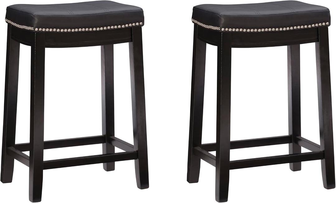 Linon Kingston Black Wooden Backless 26.5 Inch Seat Height Counter Stool with Black Faux Leather Upholstered Seat and Nailheads, Set of 2, Standard