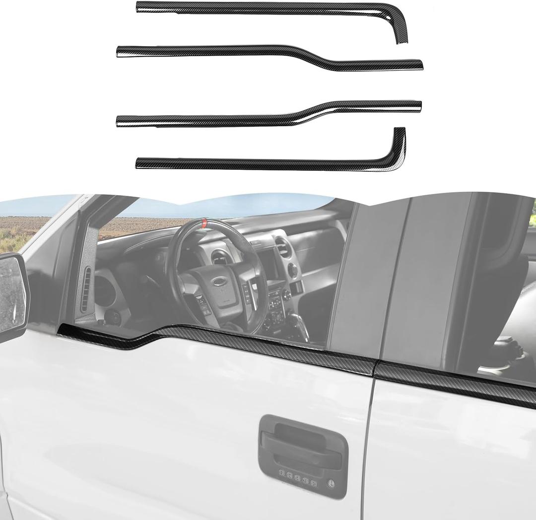 RT-TCZ Window Trim Strip Cover Window Molding Trim Cover Decoration Exterior Accessories for Ford F150 Raptor 2009-2014 (Black Carbon Fiber)