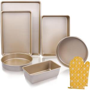 Kitcom Nonstick Bakeware Sets Textured 6-Piece with Cookie Sheet Set, Roasting Pan, Round Cake Pan, Loaf Pan, Heavy Duty Carbon Steel Premium Baking Pans, Champagne Gold Kitcom Nonstick Bakeware Sets Textured 6-Piece with Cookie Sheet Set, Roasting Pan, Round Cake Pan, Loaf Pan, Heavy Duty Carbon Steel Premium Baking Pans, Champagne Gold