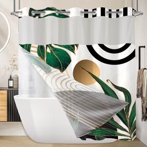 Miyotaa No Hook Abstract Sage Green Shower Curtain with Snap in Liner, Minimalist Plant Leaves Geometric Aesthetic Double Layers 71Wx74H with See Through Mesh Top Bath Accessories Home Decor