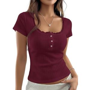 BAIGRAM Women Y2K Button Up Pointelle Minimalist Crop Tshirt Tops Short Sleeve Lace Trim Scoop Neck Henley Summer Shirt ,Size L