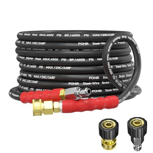 POHIR 3/8'' Pressure Washer Hose 25ft,4500PSI Power Washer Hose Steel Wire Braided with Swivel Quick Connect& 2PCS M22 Adapter, Commercial Grade Industrial High Pressure Water Washing Hose