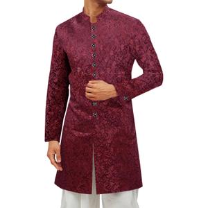 Runcati Men's Kurta Sherwani Coats Kaftan Indian Ethnic Royal Suits Mandarin Collar Wedding Festive Party Blazer (Red) Large