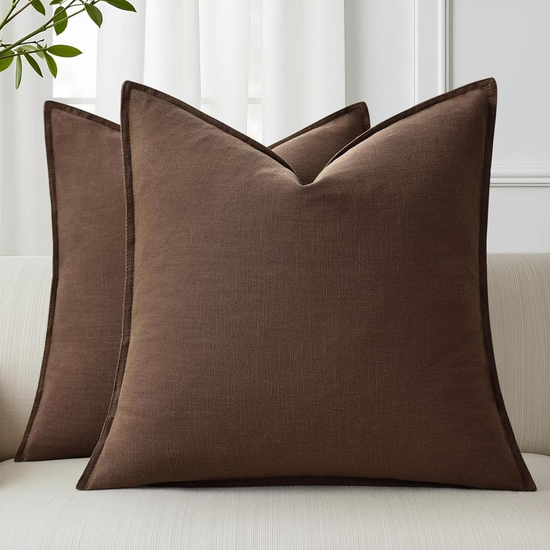 decorUhome Spring Decorative Linen Euro Sham Throw Pillow Covers 22x22 Inch Set of 2 Chocolate Pillow Covers with Flange Edges Soft Farmhouse Boho Accent Pillow Cases for Couch Bed Living Room (Brown)