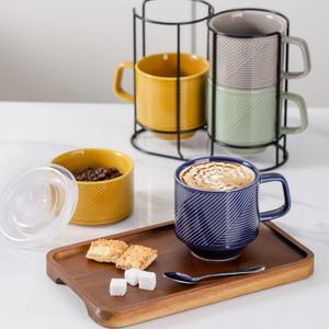 Stackable Coffee Mugs Set: 13 oz Ceramic Stacking Cups for Cappuccino Latte Tea - Microwave Safe Mug for Home & Office - 4 PCS, (blue)