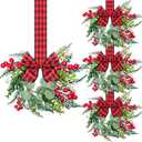 3pcs Small Christmas Wreath, 12 Inch Mini Cabinet Wreaths for Kitchen, Christmas Kitchen Decor with Ribbon Bows Red Berry Window Wreath for for Xmas Porch Wall Door Decor (Christmas Color)
