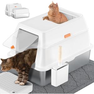 Stainless Steel Litter Box with Lid,Extra Large Enclosed Removable Cat Litter Boxes for Big Cats,Top Entry Metal Kitty Litter Box with Cover.Anti-Leakage,Easy Cleaning.Includes Scoop&Litter Mat-White (White)