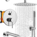 Boyel Living Shower Faucet Set with Tub Spout 10 Inches Round Rain Shower Head, Chrome 3-Function Wall Mount High Pressure Bath Tub Faucet Set with Rough-in Valve