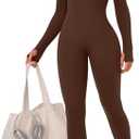 OLCHEE Womens Long Sleeve Workout Jumpsuit Seamless Ribbed Tummy Control Yoga Bodycon Zip Up One Piece Unitard Sculpt Rompers M