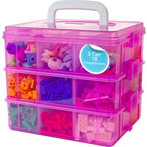 Bins & Things Bead Organizer with Adjustable Compartments - Durable Toy Organizers and Storage Solution for Dolls, Crafts, Mini Toy Figures, Jewelry and Beads - 3 Tier, 18 Compartments (Pink)