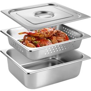 2 Pack Half Size 4 Inch Hotel Pan with Lids 2.6 Inch Perforated Steam Pan Stainless Steel Restaurant Pans for Restaurants, Cafeteria, Kitchen