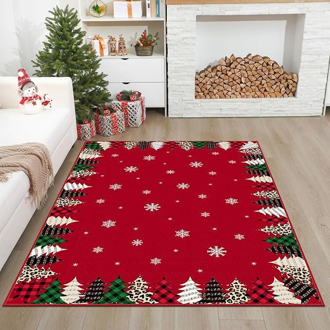 Dunzy Christmas Area Rug 5 x 7 ft Brown Xmas Tree Merry Christmas Area Washable Rug Winter Village Xmas Non Slip Soft Indoor Decor for Living Room Kitchen Entryway Bathroom Bedroom Laundry Room