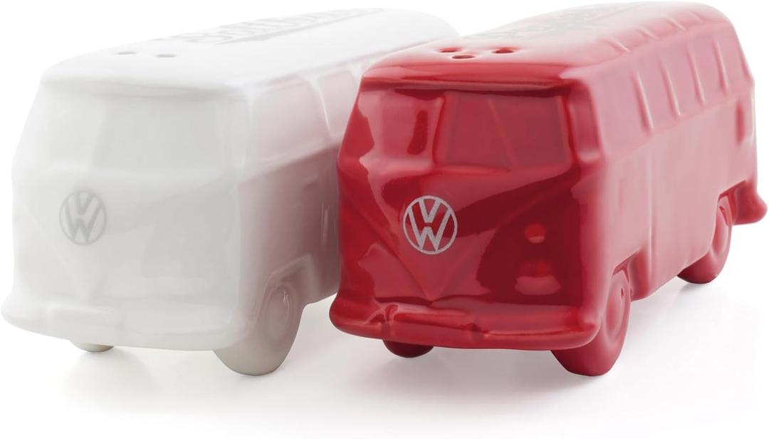 BRISA VW Collection - Volkswagen Salt & Pepper Shakers in Ceramic with T1 Bus Design 2-piece set (Classic Bus/White & Red)