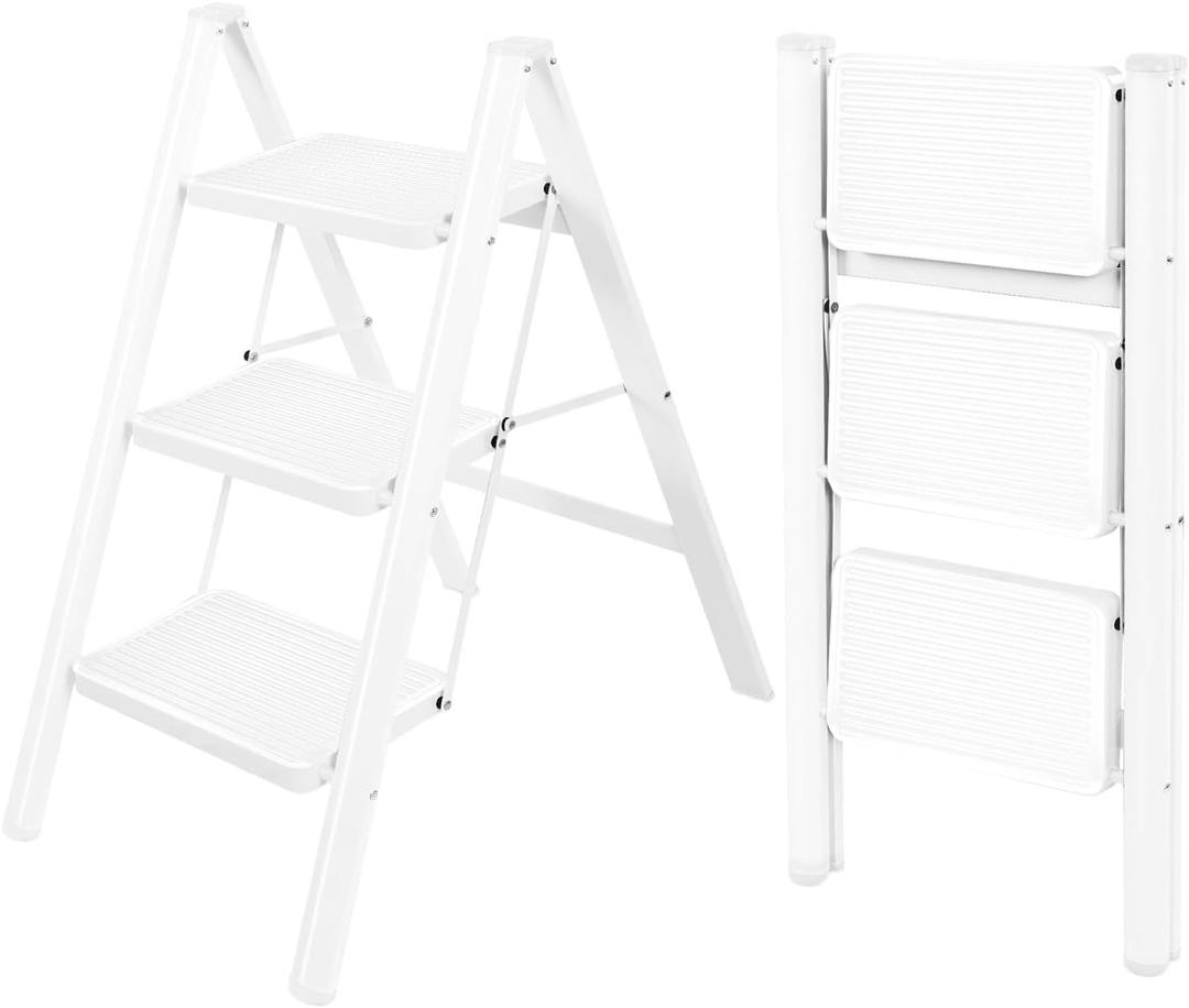 Valeo 3 Step Ladder,Lightweight Folding Step Stool with Wide Anti-Slip Pedal, 330LBS Capacity, Heavy Duty,Sturdy Iron Metal Step Stool for Home, Kitchen, Closet, Adults,White