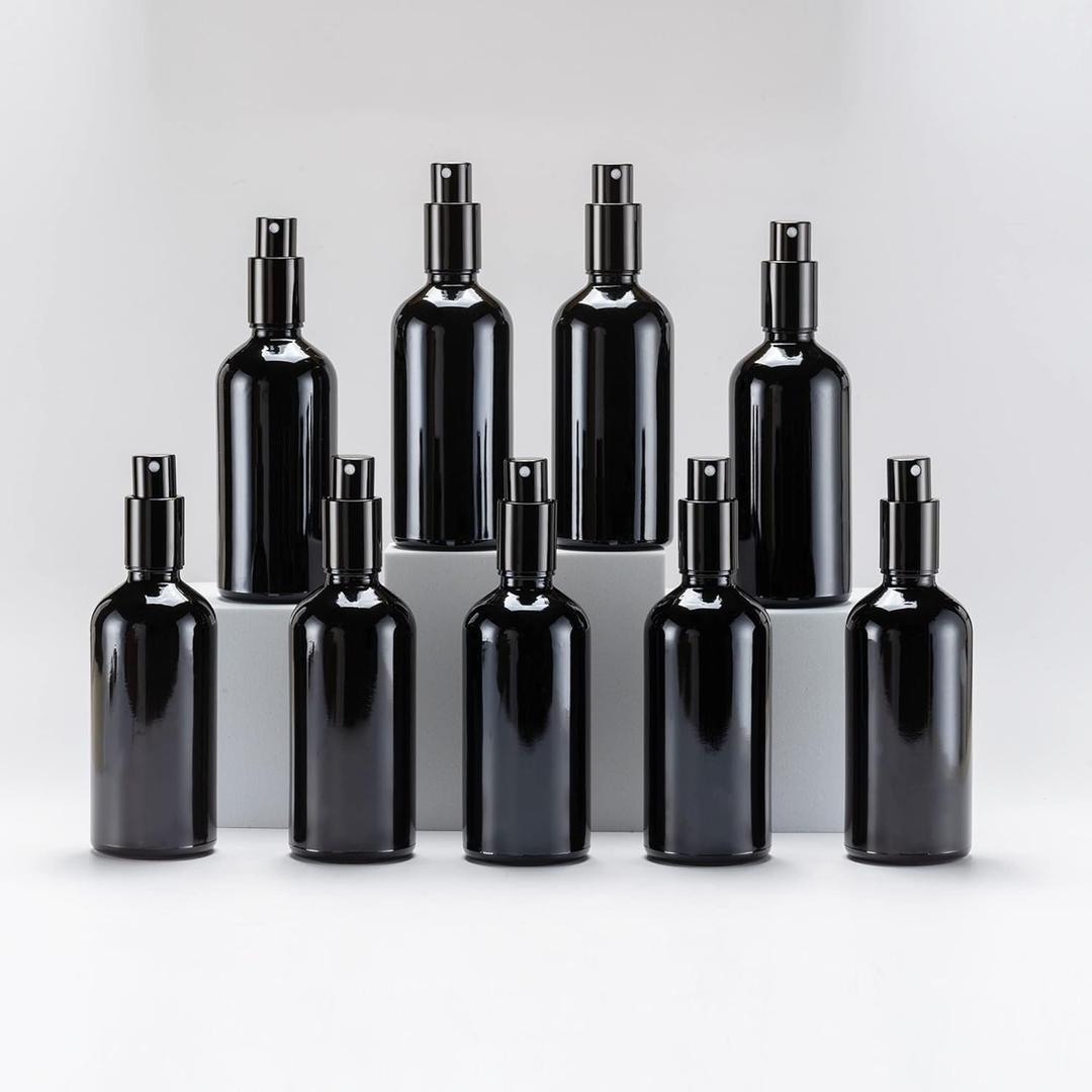 YIZHAO Black Glass Spray Bottles 4oz, with Small Fine Mist Spray, Metal Cap, Refillable for Essential Oil,Travel,Cleaning,Perfume,Aromatherapy,Makeup  9 Pcs