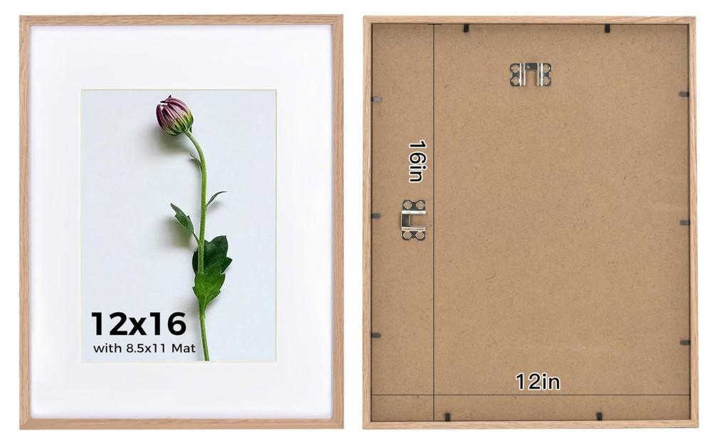 12x16 Frame Set of 1, Solid Oak Wood 12 x 16 Picture Frames with Plexiglass Display Poster 8.5x11 with mat or 12x16 without matte Wall Hanging Collage frame Wall Decor